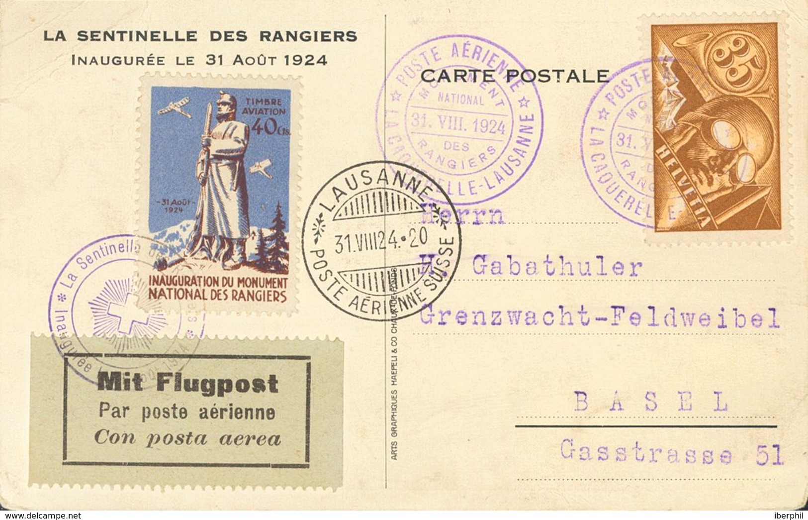 Switzerland, Airmail. COVERYv . 1924. Two Postcards With Different Frankings And Vignette Of 40 Cts  INAUGURATION DU MON - Other & Unclassified