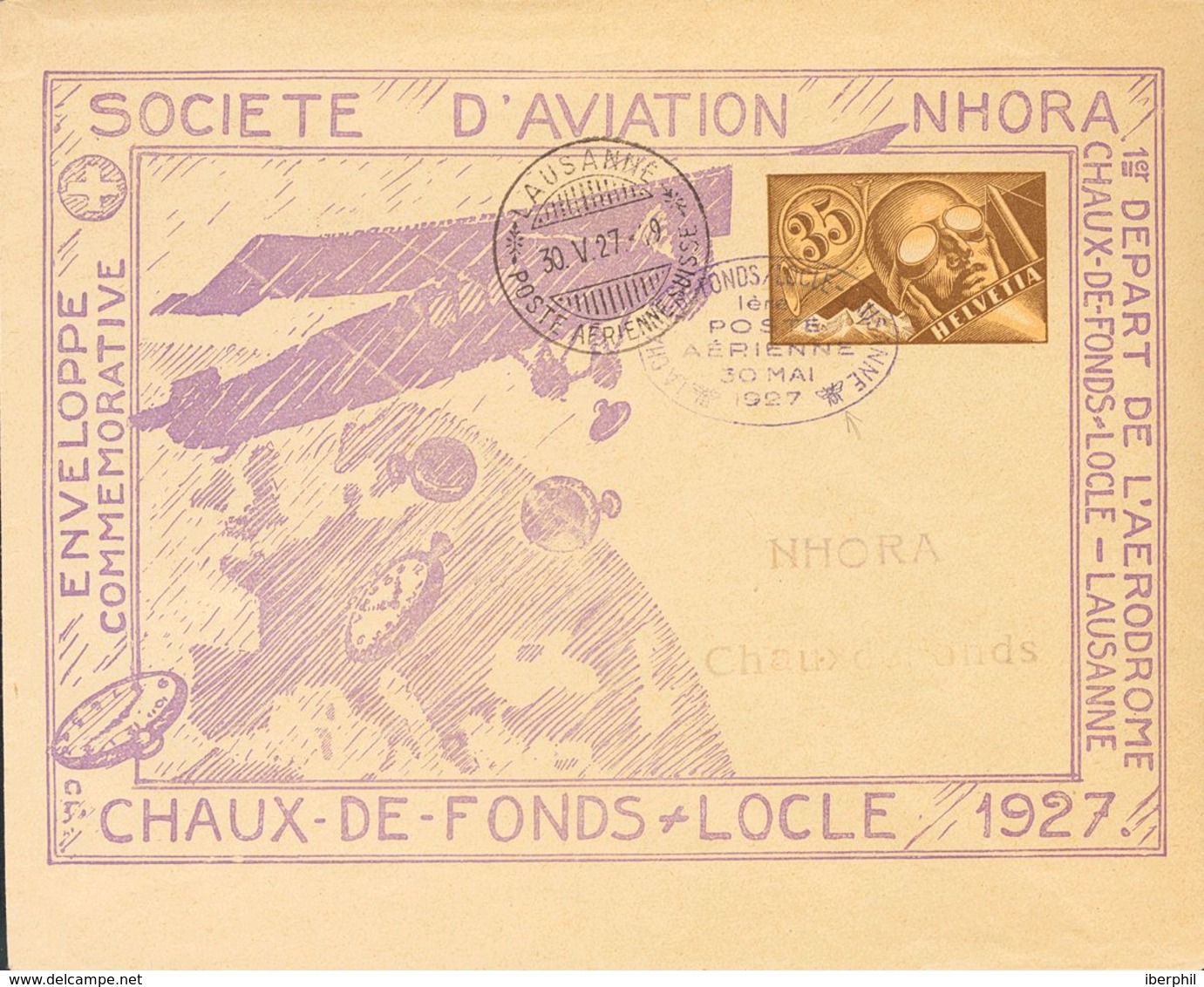 Switzerland, Airmail. COVERYv . 1927. Four Postal Stationery Envelopes Of 35 Cts With SOCIETE D'AVIATION NHORA / CHAUX D - Autres & Non Classés