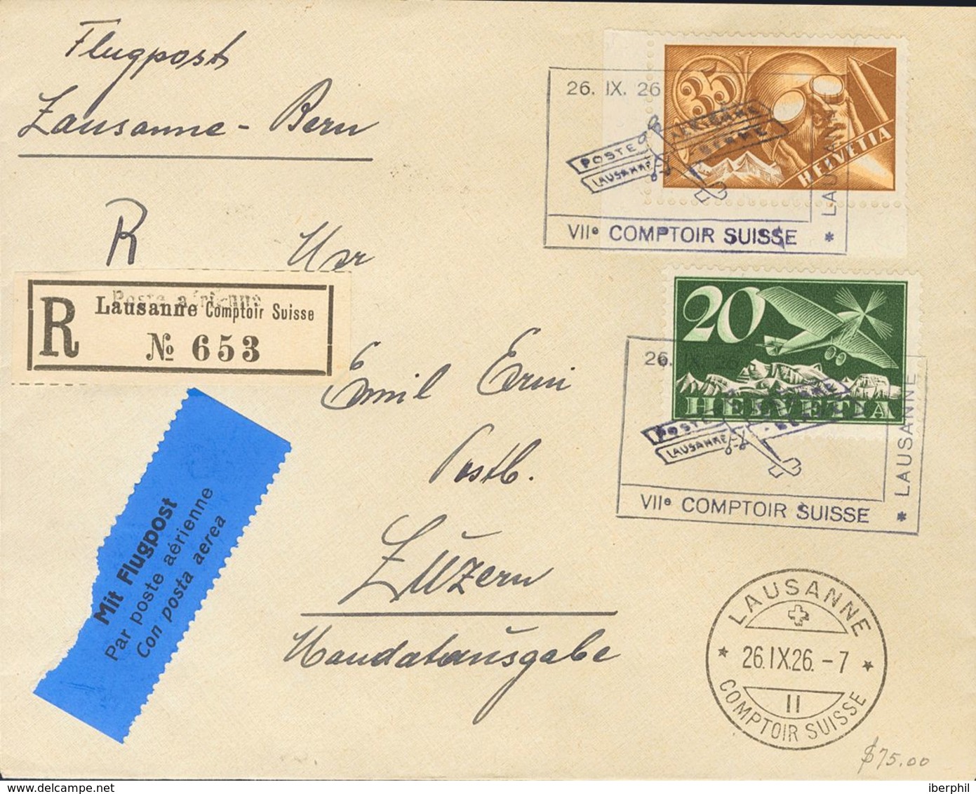 Switzerland, Airmail. COVERYv . 1926. Two Registered Letters With Different Values From LAUSANNE To LUCERNA And BANGKOK  - Other & Unclassified