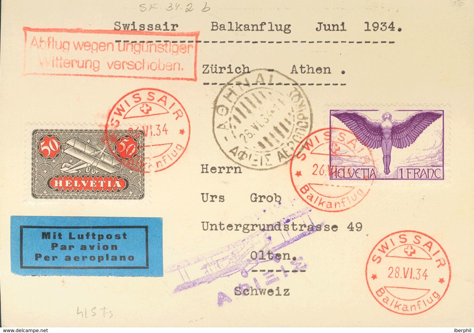 Switzerland, Airmail. COVERYv 9, 12. 1934. 1 F Violet And 50 Cts Black And Red. ZURICH To OLTEN, Transported In The 1st  - Other & Unclassified