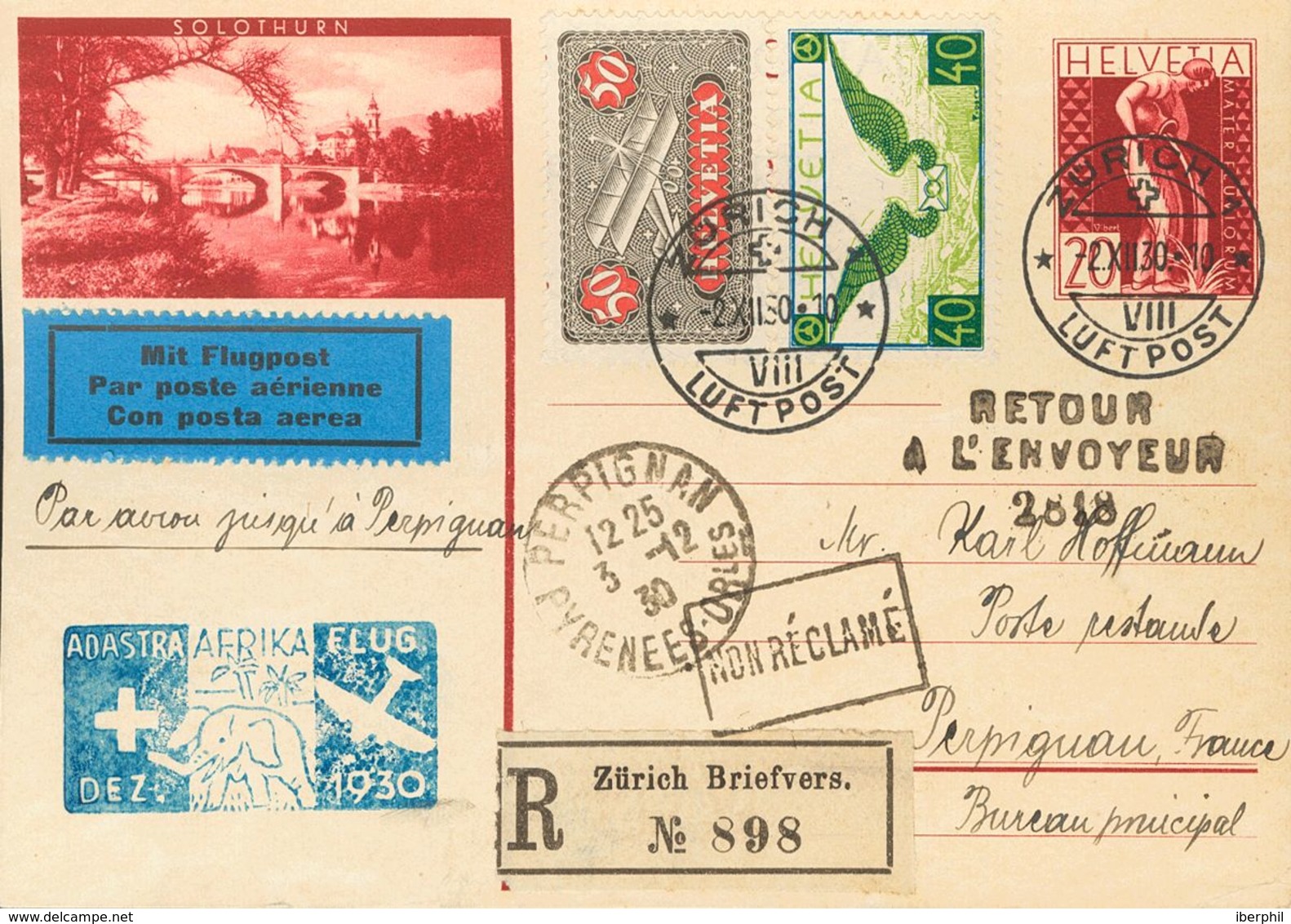 Switzerland, Airmail. COVERYv 9, 14. 1930. 20 Cts Carmine On Postal Stationery Card Registered From ZURICH To PERPIÑAN ( - Otros & Sin Clasificación