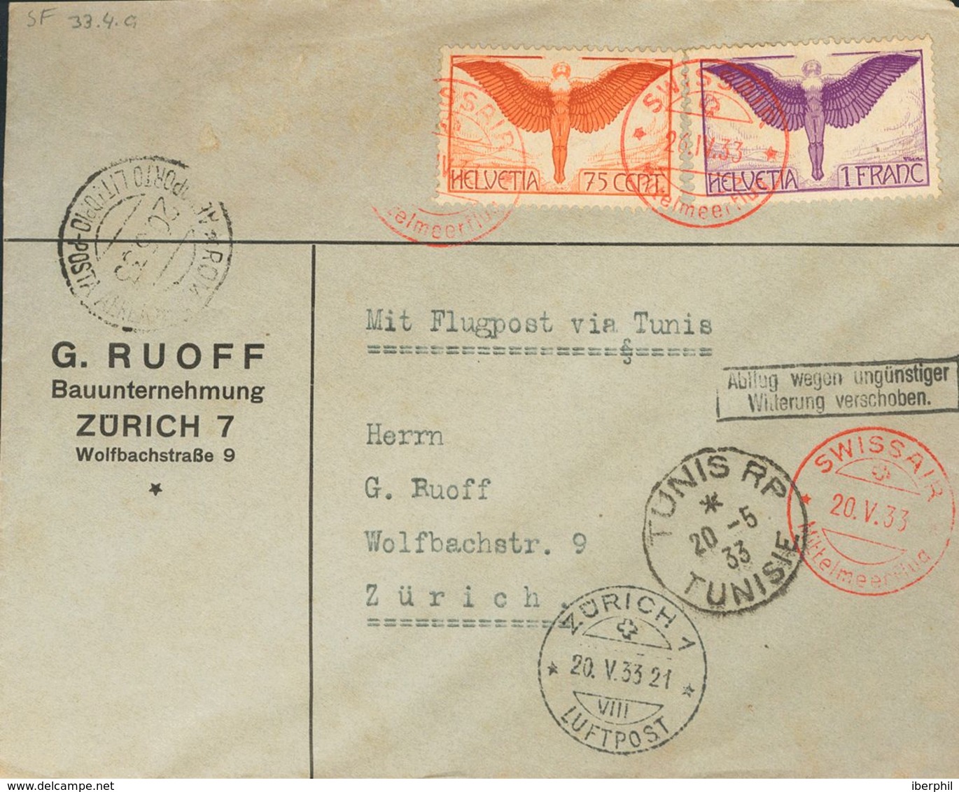 Switzerland, Airmail. COVERYv 11, 12. 1933. 75 Cts Brown Orange And 1 F Violet. Round-trip Airmail  ZURICH. Postmark SWI - Otros & Sin Clasificación