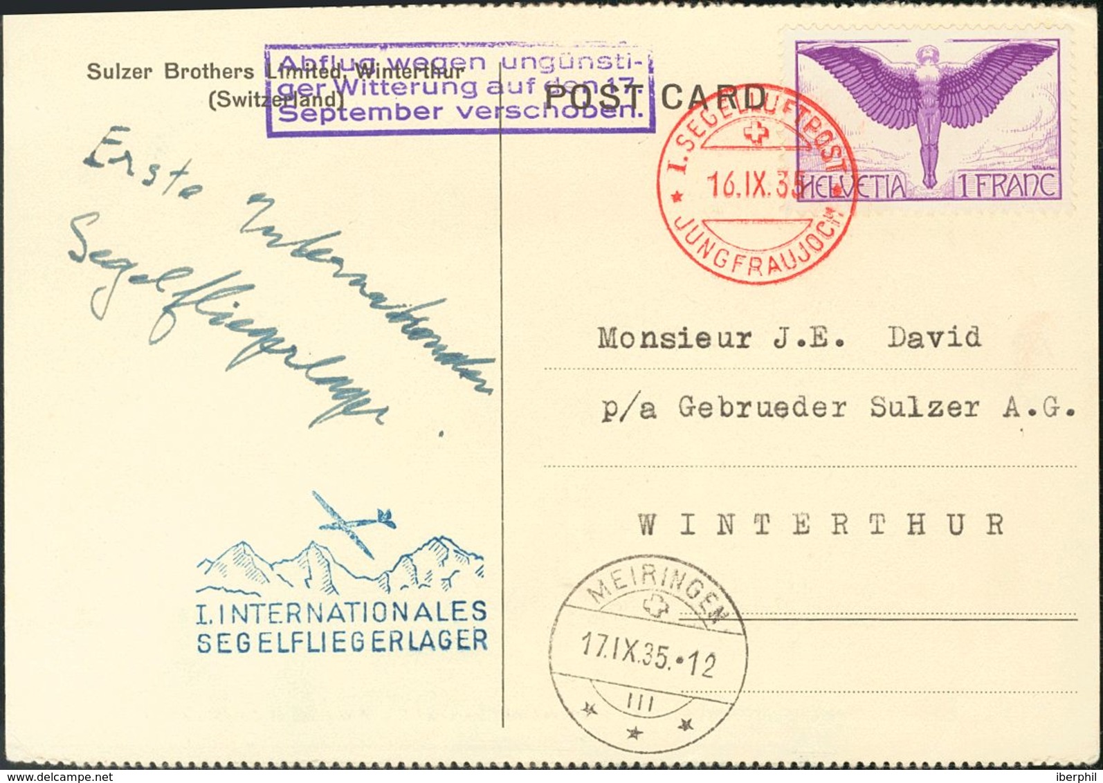 Switzerland, Airmail. COVERYv 12. 1935. 1 F Violet. Postcard Addressed To WINTERTHUR. Postmark I.SEGELLUFTPOST / JUNFRAU - Other & Unclassified