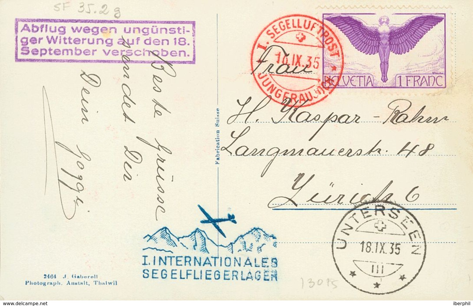 Switzerland. COVERYv 12. 1935. 1 F Violet. Postcard Addressed To ZURICH. Postmark I.SEGELLLFTPOST / JUNGFRAUJOCH, In Red - Otros & Sin Clasificación