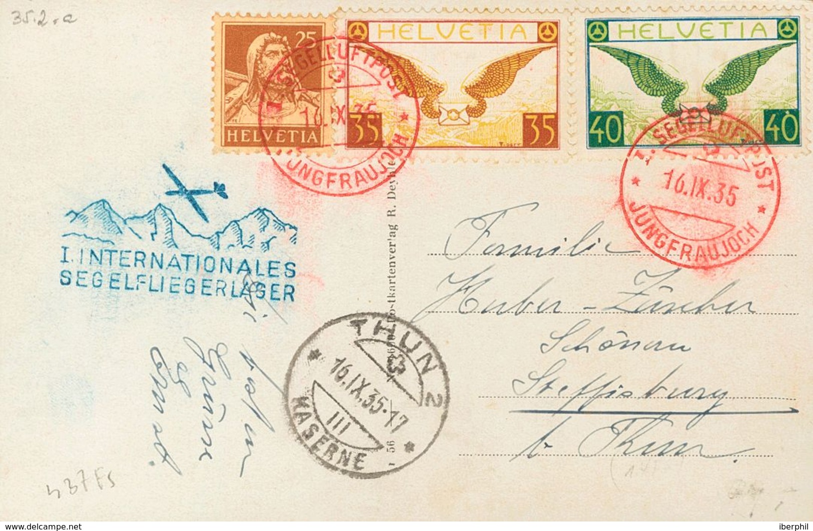 Switzerland, Airmail. COVERYv 13, 14. 1935. 35 Cts Brown Orange, 40 Cts Green And 25 Cts Chestnut. Postcard Addressed To - Other & Unclassified