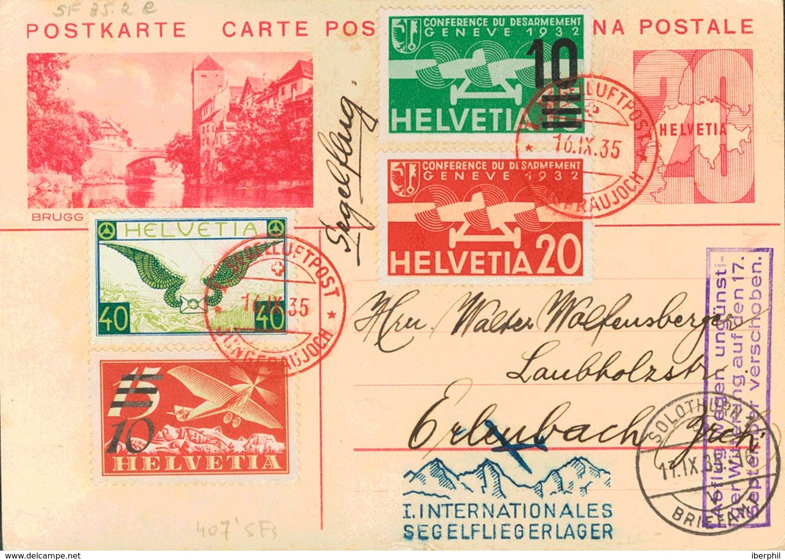 Switzerland, Airmail. COVERYv 14, 17, 19/20. 1935. 20 Cts Carmine On Postal Stationery Card Addressed To ERLENBACH, With - Other & Unclassified