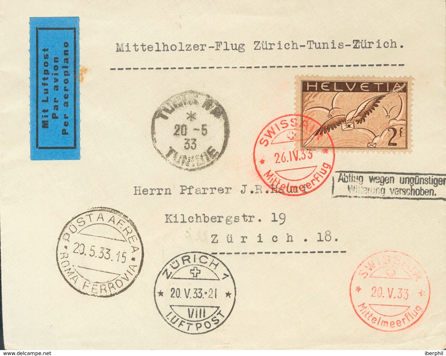 Switzerland, Airmail. COVERYv 15. 1933. 2 F Chestnut. Round-trip Airmail To ZURICH. Postmark SWISSAIR / MITTELMEERFLUG,  - Other & Unclassified