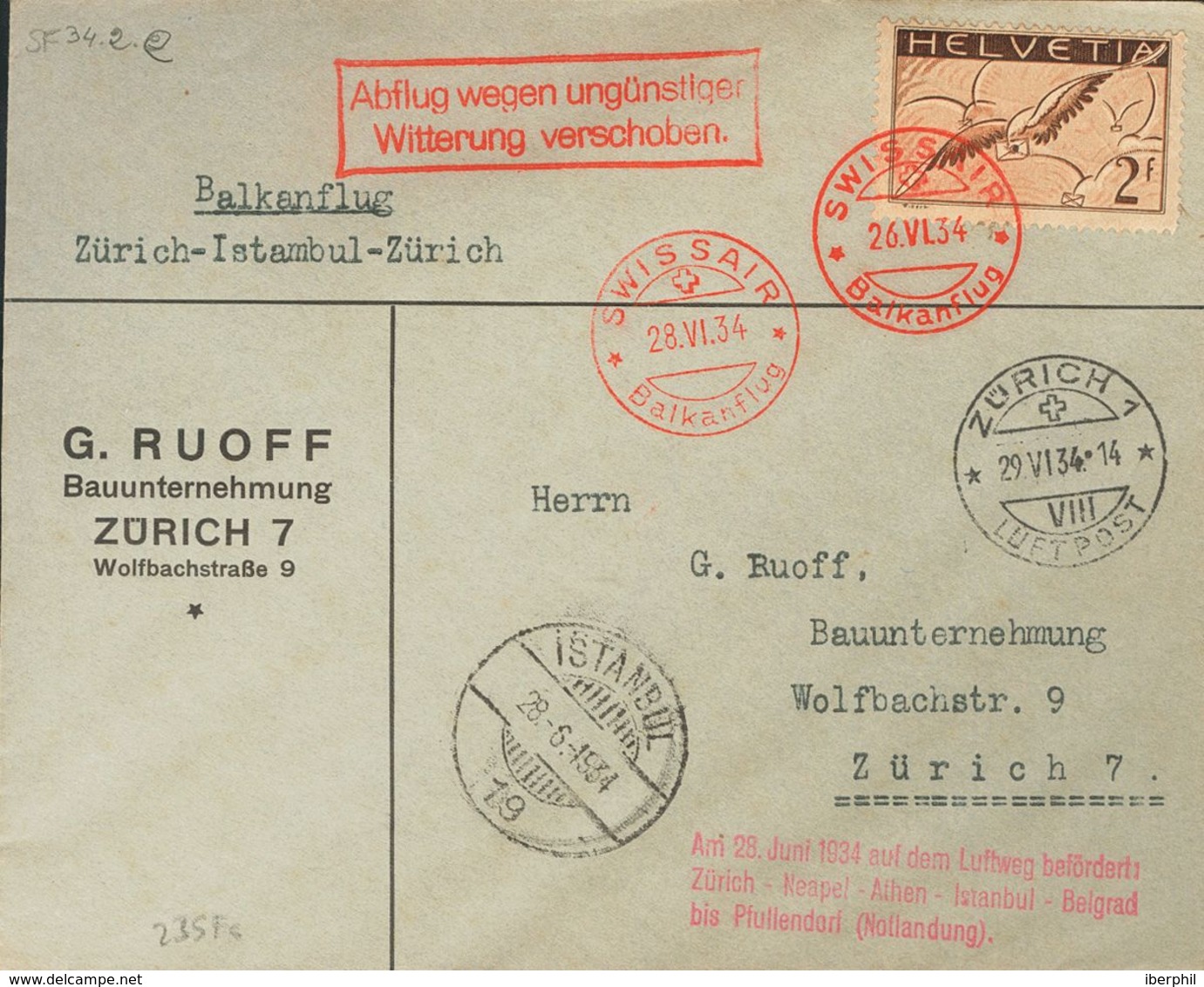 Switzerland, Airmail. COVERYv 15. 1934. 2 F Brown. Round-trip Air Mail To ZURICH, Carried On The 1st ZURICH-ISTANBUL-ZUR - Otros & Sin Clasificación