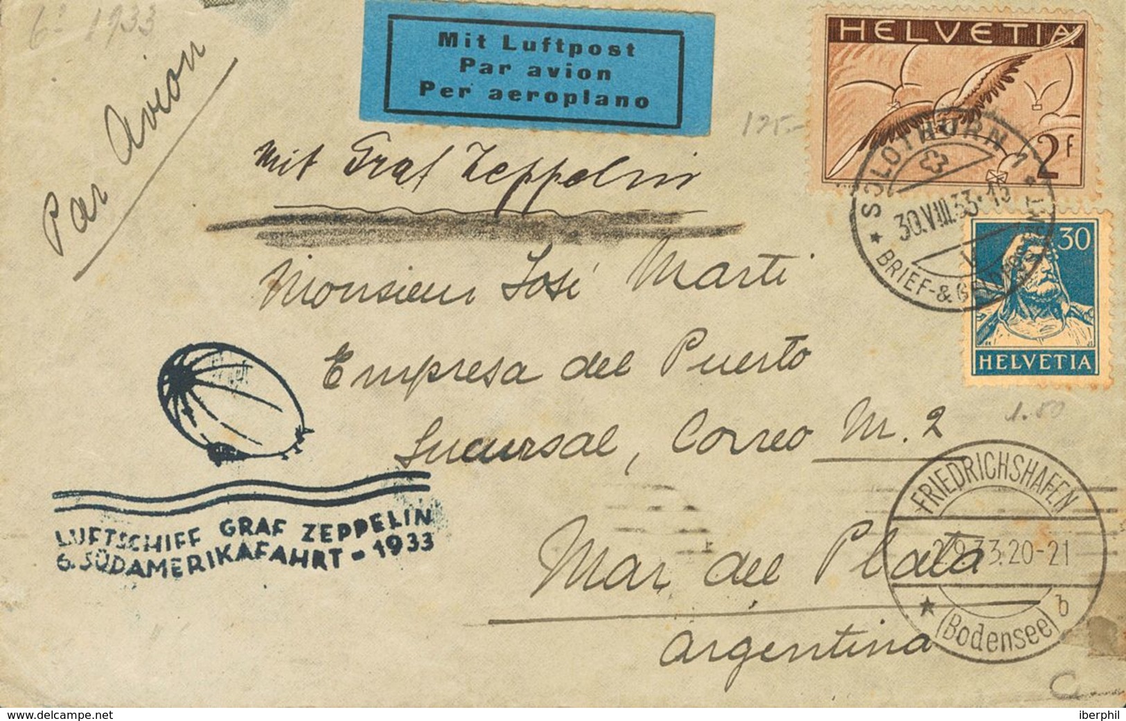 Switzerland, Airmail. COVERYv 15. 1933. 2 F Brown And 30 Cts Blue. Graf Zeppelin From SOLOTHURN To MAR DEL PLATA (ARGENT - Otros & Sin Clasificación