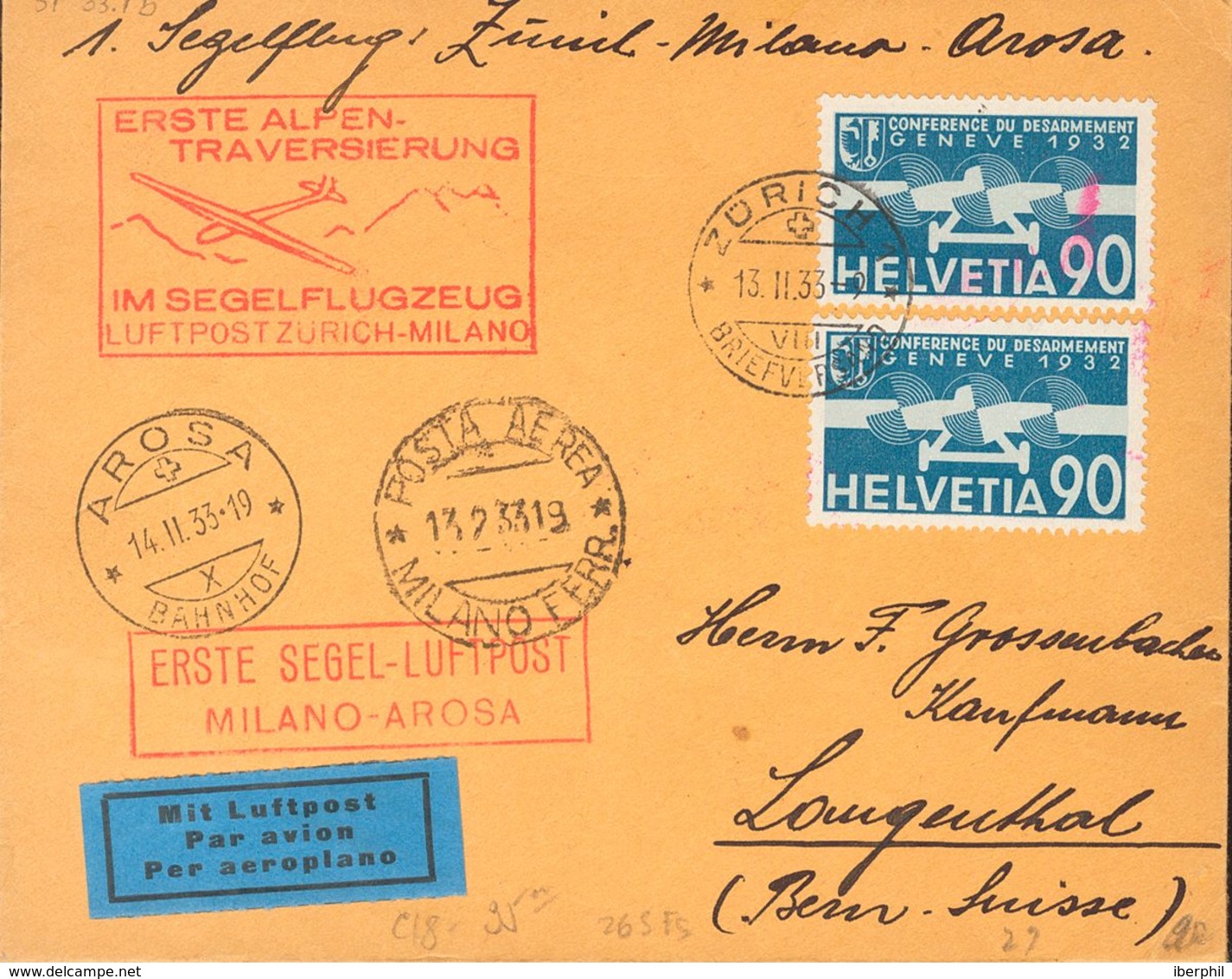 Switzerland, Airmail. COVERYv 18(2). 1933. 90 Cts Blue, Two Stamps. ZURICH To LANGENTHAL, 1st Glider Flight Zurich-Milan - Otros & Sin Clasificación