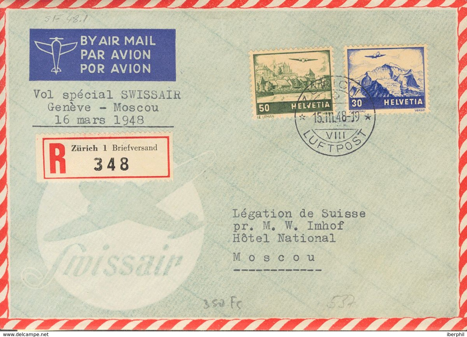 Switzerland, Airmail. COVERYv 27, 29. 1948. 30 Cts Ultramarine And 50 Cts Green. ZURICH To MOSCU (RUSSIA). Special Fligh - Other & Unclassified