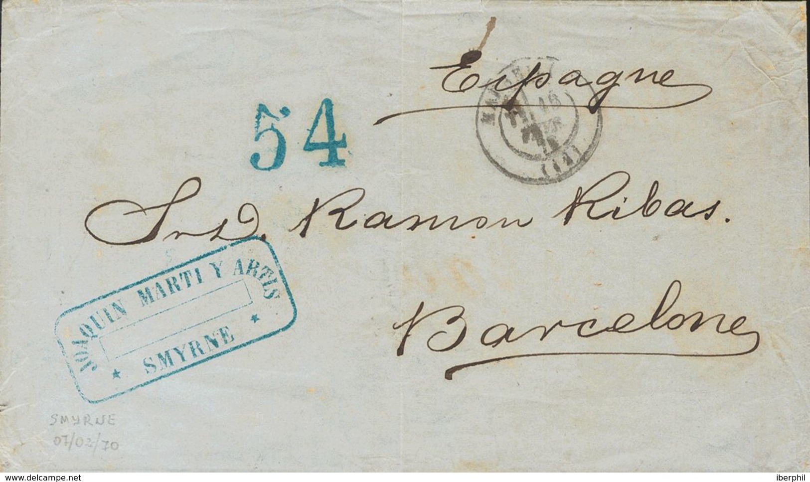 Turkey. COVER. 1870. IZMIR (TURKEY) To BARCELONA, Addressed Via Marseille. Due "54" (cuartos), In Blue Applied In La Jun - Other & Unclassified