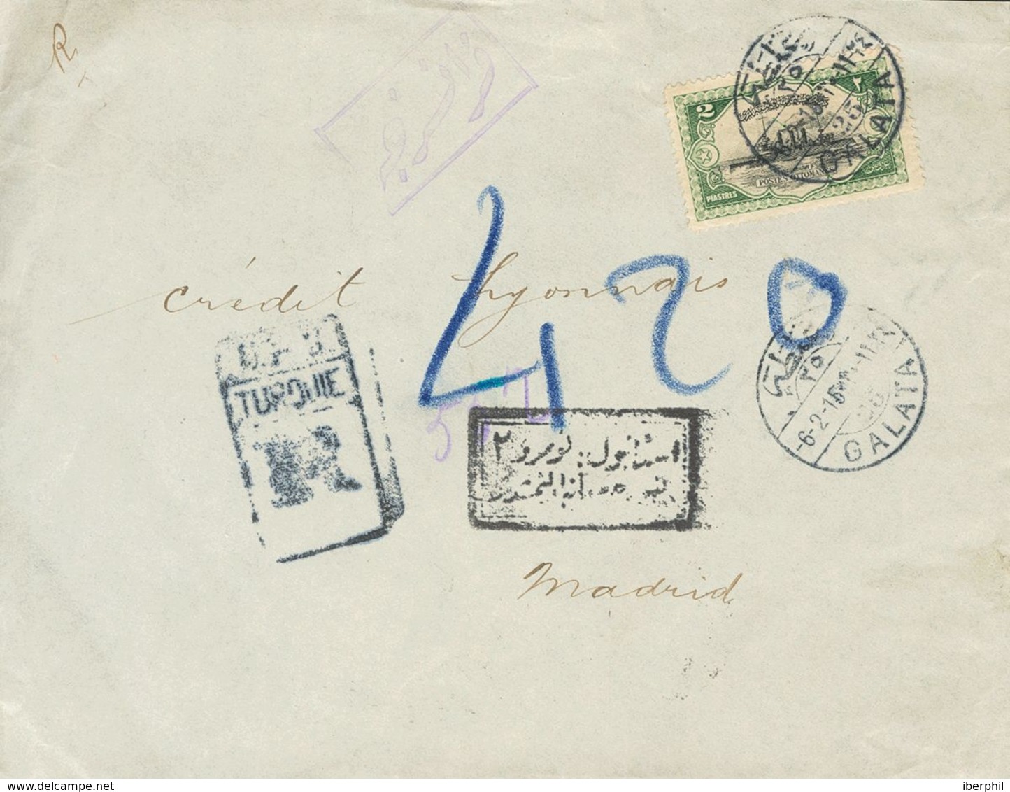 Turkey. COVERYv 186. 1915. 2 Pi Green And Black. Registered From GALATA To MADRID. On Reverse Arrival. VERY FINE AND UNU - Other & Unclassified