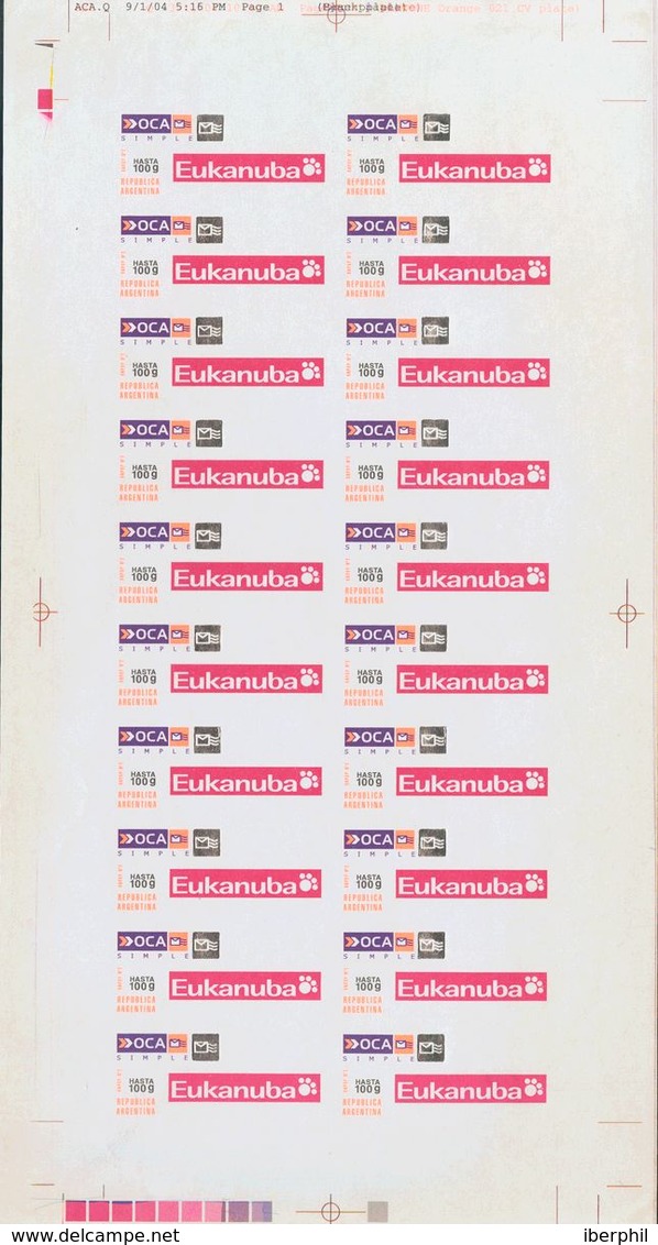 Argentina. **Yv . 2004. Sello Privado OCA (simple) Hasta 100 Gr, Hoja Completa De Veinte Sellos. EUKANUBA (sin Dentar).  - Otros & Sin Clasificación