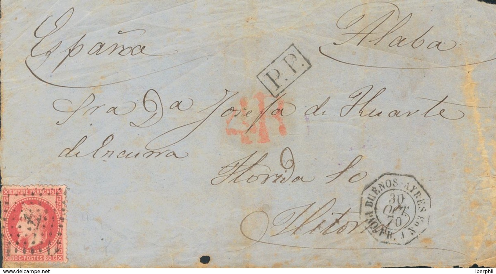 Argentina, French Post Office. COVERYv Francia 32. 1870. 80 Cts Pink. Front Cover From BUENOS AIRES To VITORIA (SPAIN).  - Other & Unclassified