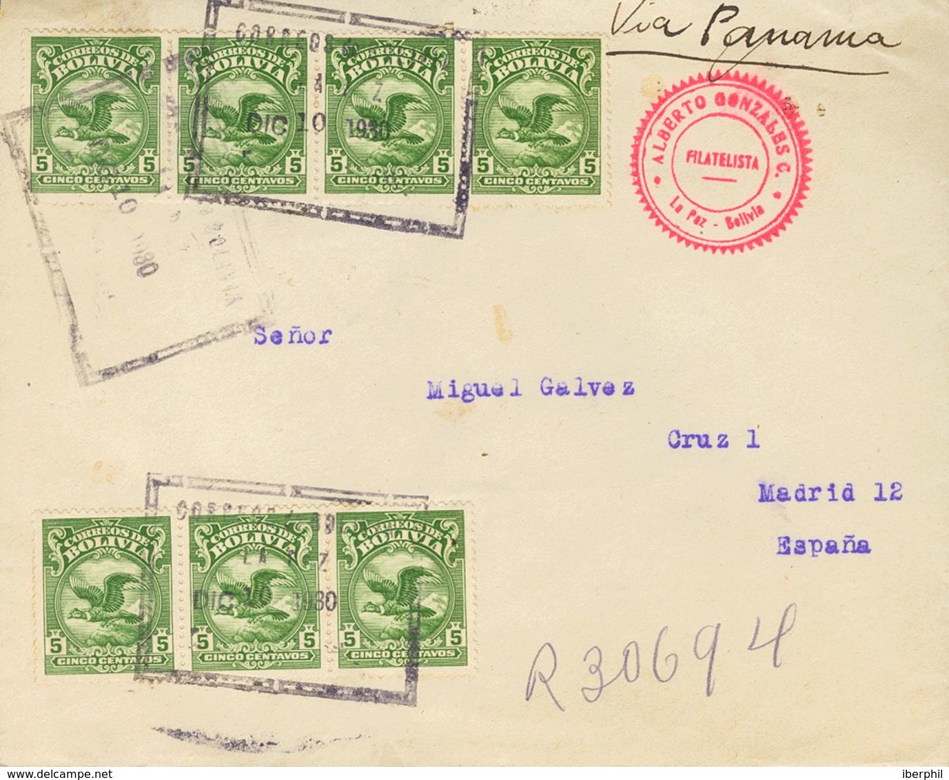 Bolivia. SOBREYv 161(7). 1930. 5 Ctvos Verde, Siete Sellos. Certificado De LA PAZ A MADRID. Al Dorso Llegada. MAGNIFICA. - Bolivie