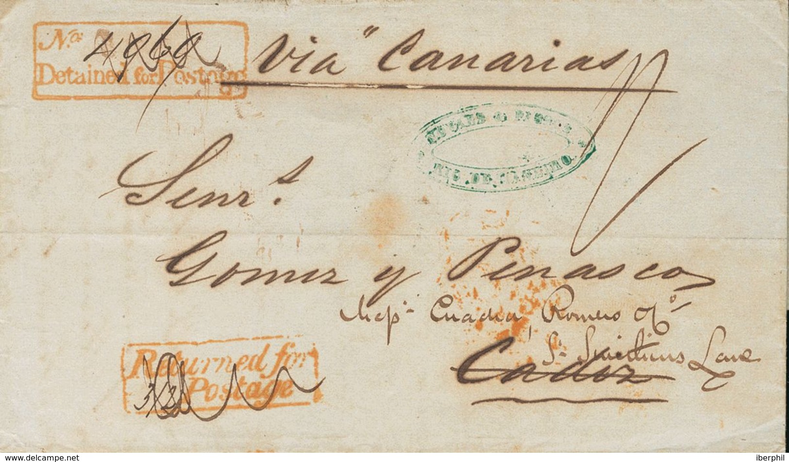 Brazil. COVER. 1856. RIO GRANDE DO SUL To CADIZ, Addressed Via The Canary Islands And England. Marks Nº / DETAINED FOR P - Otros & Sin Clasificación