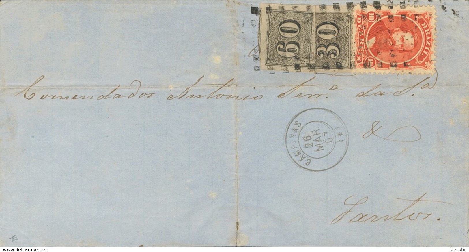 Brazil. COVERYv 23A, 13A, 14A. 1867. 10 Reis Red And 30 Reis Black And 60 Reis Black, IMPERFORATED Stamps From 1850 Issu - Otros & Sin Clasificación