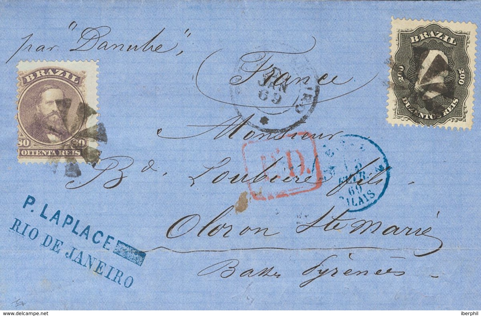 Brazil. COVERYv 26, 28. 1869. 80 Reis Purple Black And 200 Reis Black. RIO DE JANEIRO To OLORON-SAINTE-MARIE (FRANCE). F - Autres & Non Classés