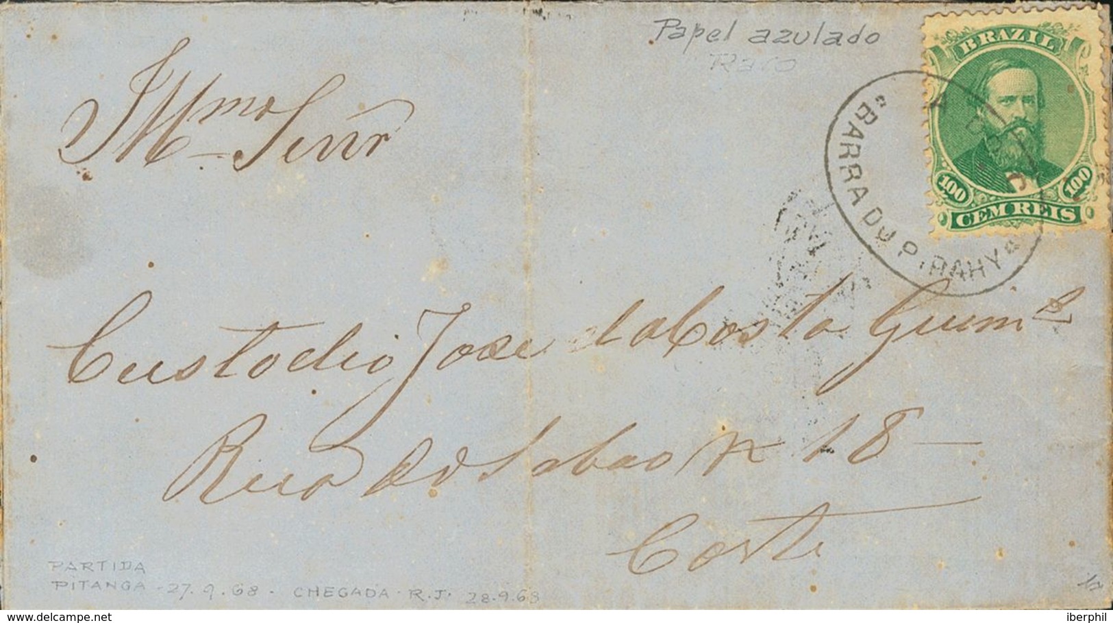 Brazil. COVERYv 27A. 1868. 100 Reis Green (separated From The Letter And Hinged, Common Practice During The Half XX Cent - Otros & Sin Clasificación