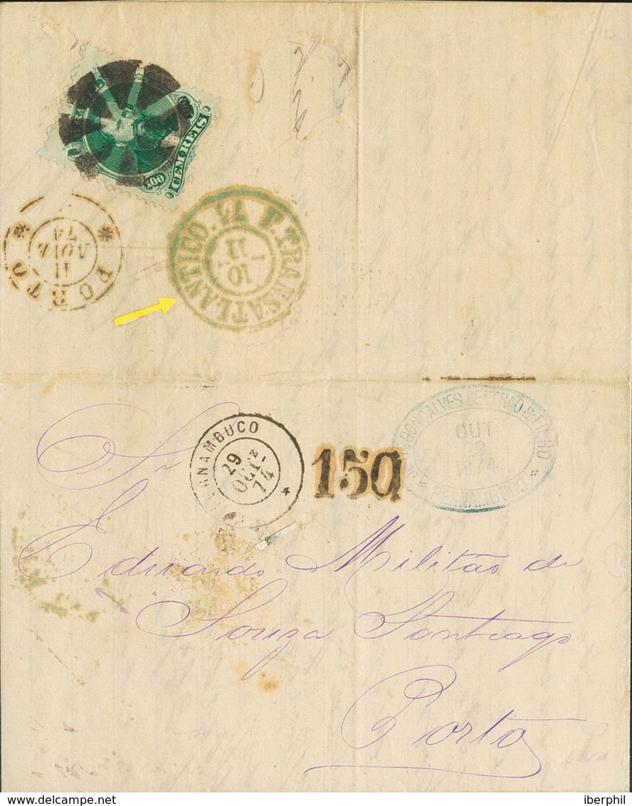 Brazil. COVERYv 27B. 1874. 100 Reis Green On Blued Paper (franked On Reverse). PERNAMBUCO To OPORTO (PORTUGAL). Fancy Ei - Other & Unclassified