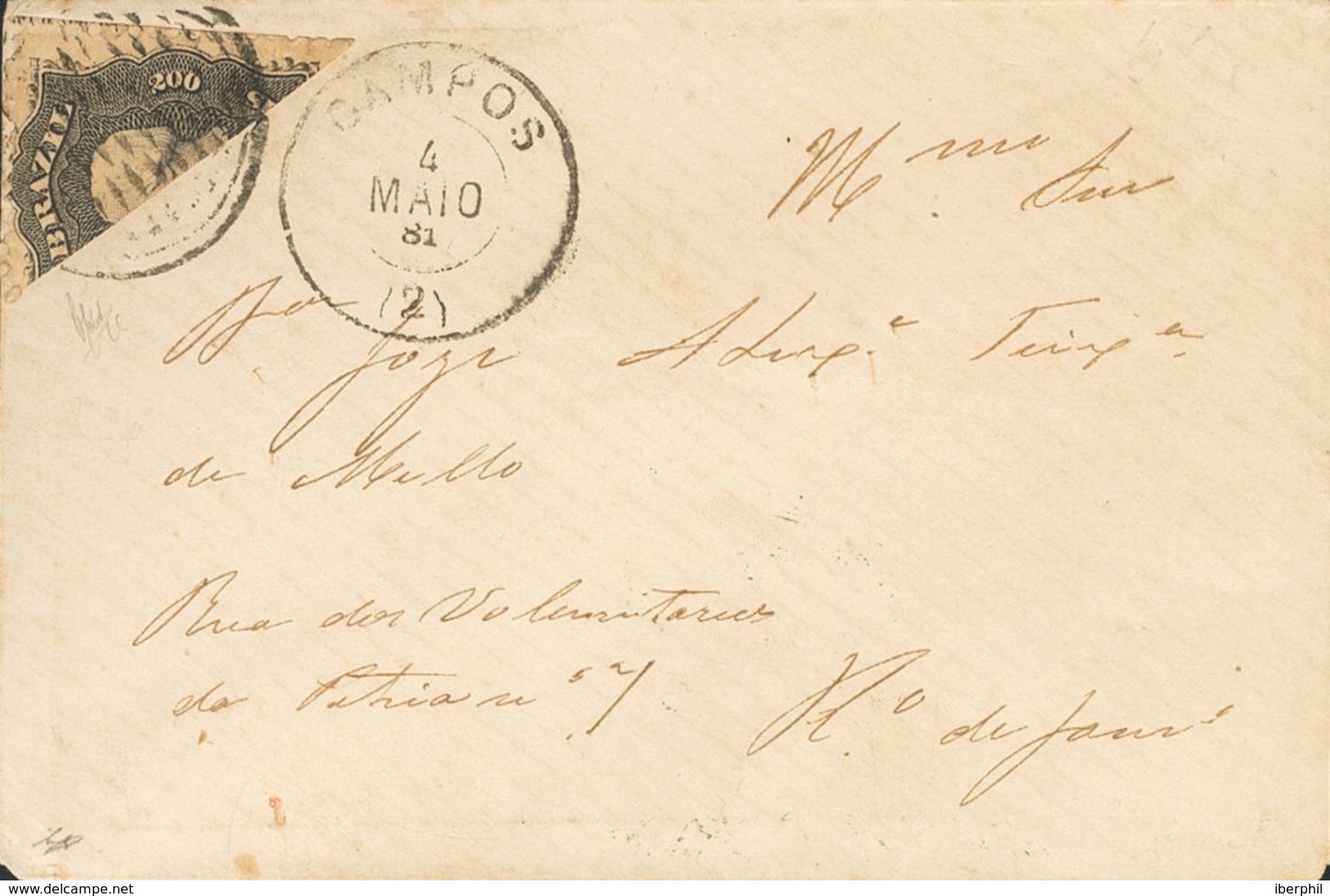 Brazil. COVERYv 28. 1881. 200 Reis Black, Bisected. CAMPOS To RIO DE JANEIRO. Circular Cancel Of Lines (Ayres 595), On F - Other & Unclassified