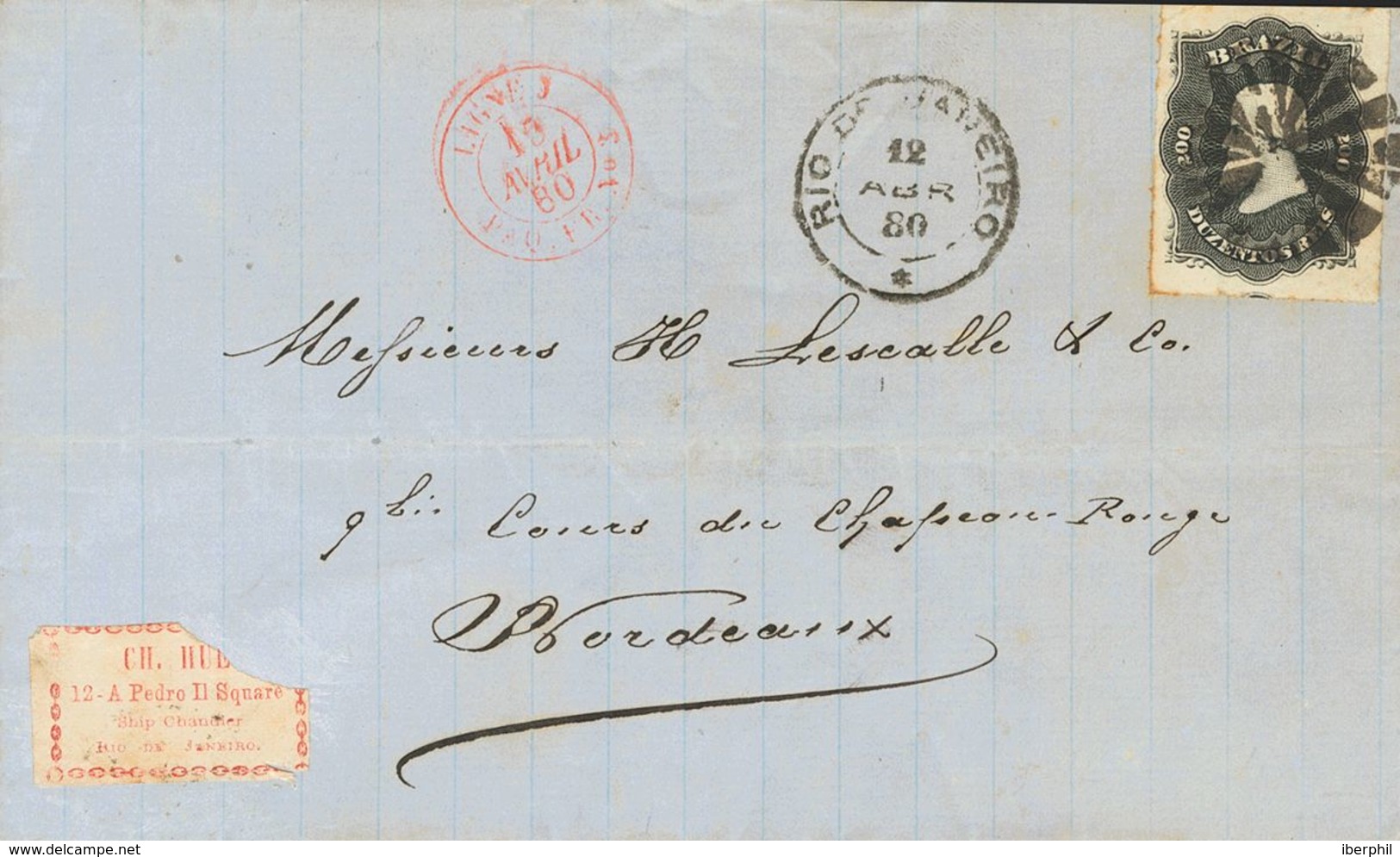 Brazil. COVERYv 35. 1880. 200 Reis Black. RIO DE JANEIRO To BORDEAUX (FRANCE). Fancy Circular Cancel, On Front Red C.d.s - Other & Unclassified