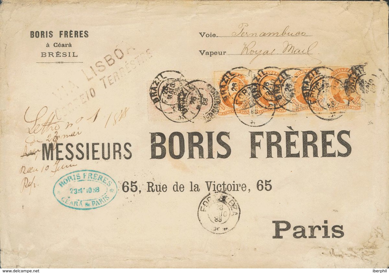 Brazil. COVERYv 36(4), 55(2). 1888. 500 Reis Orange, Strip Of Four And 200 Reis Pink, Two Stamps. Cover Of Boris Freres  - Other & Unclassified