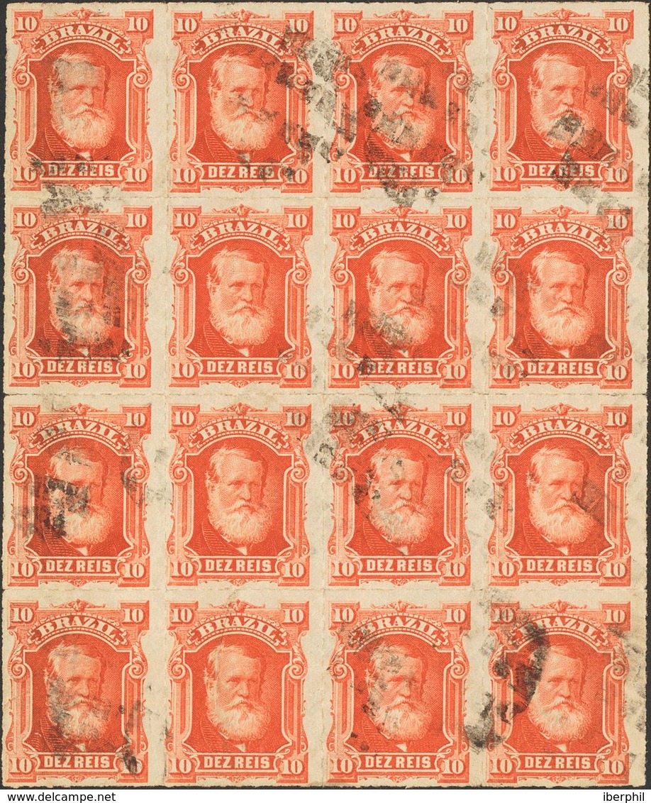 Brazil. ºYv 37(16). 1878. 10 Reis Red, Block Of Sixteen. VERY FINE AND SCARCE BLOCK, UNDOUBTEDLY ONE OF THE BIGGEST KNOW - Autres & Non Classés