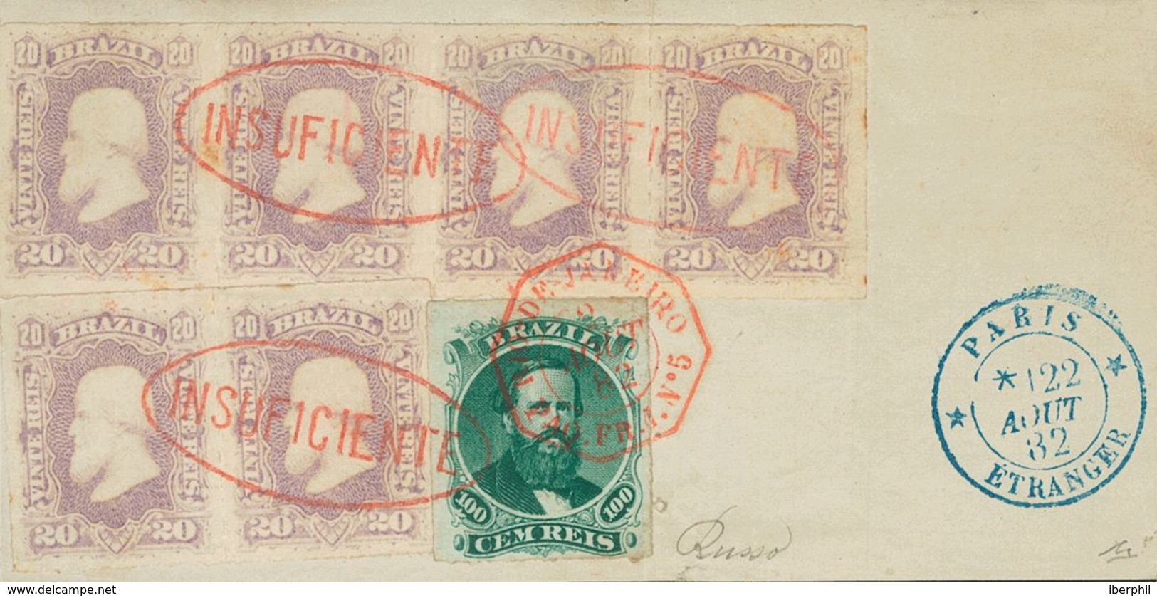 Brazil. COVERYv 38(6), 34. 1878. 20 Reis Purple, Strip Of Four And Pair And 100 Reis Green, On Piece. Oval Cancel INSUFI - Autres & Non Classés
