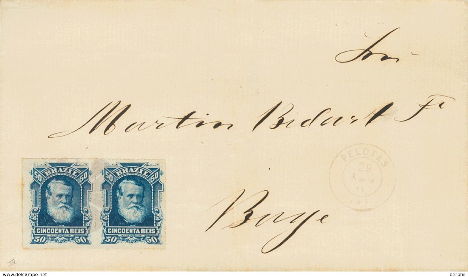 Brazil. COVERYv 39(2). 1883. 50 Reis Blue, Pair. PELOTAS A BAGE (RIO GRANDE DO SUL). VERY FINE. (Scott 70) -- Brasil. SO - Autres & Non Classés