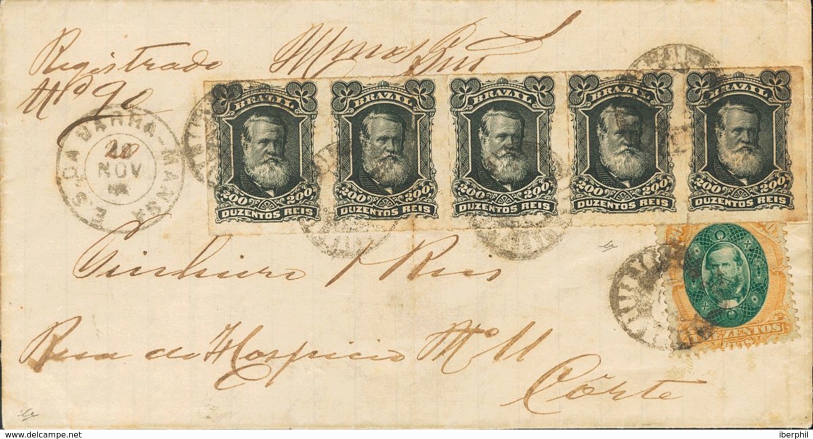 Brazil. COVERYv 42(5), 47. 1880. 200 Reis Black, Strip Of Five Stamps And 300 Reis Orange And Green. Registered Cover Fr - Other & Unclassified