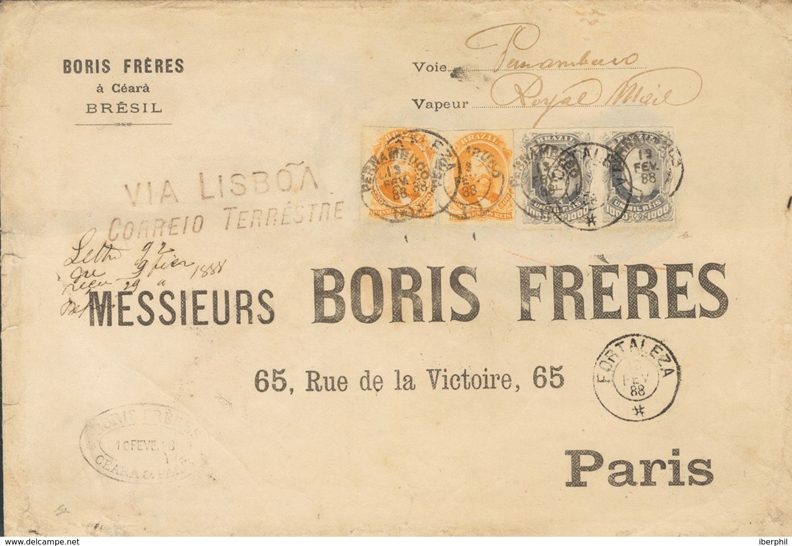 Brazil. COVERYv 46(2), 36(2). 1888. 1000 Reis Purple Grey, Pair And 500 Reis Orange From 1876, Two Stamps. Cover Of Bori - Autres & Non Classés