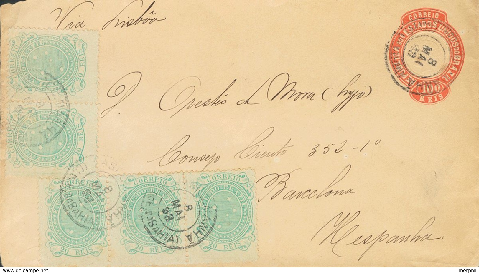 Brazil, Postal Stationery. COVERYv 68(5). 1898. 100 Reis Red On Postal Stationery From SALVADOR DE BAHIA To BARCELONA, W - Other & Unclassified