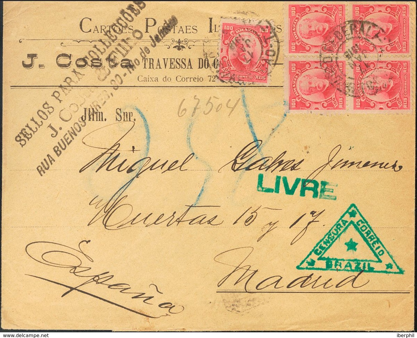 Brazil. COVERYv 131(5). 1918. 100 Reis Pink, Five Stamps.Registered From RIO DE JANEIRO To MADRID. On Reverse Arrival. V - Altri & Non Classificati