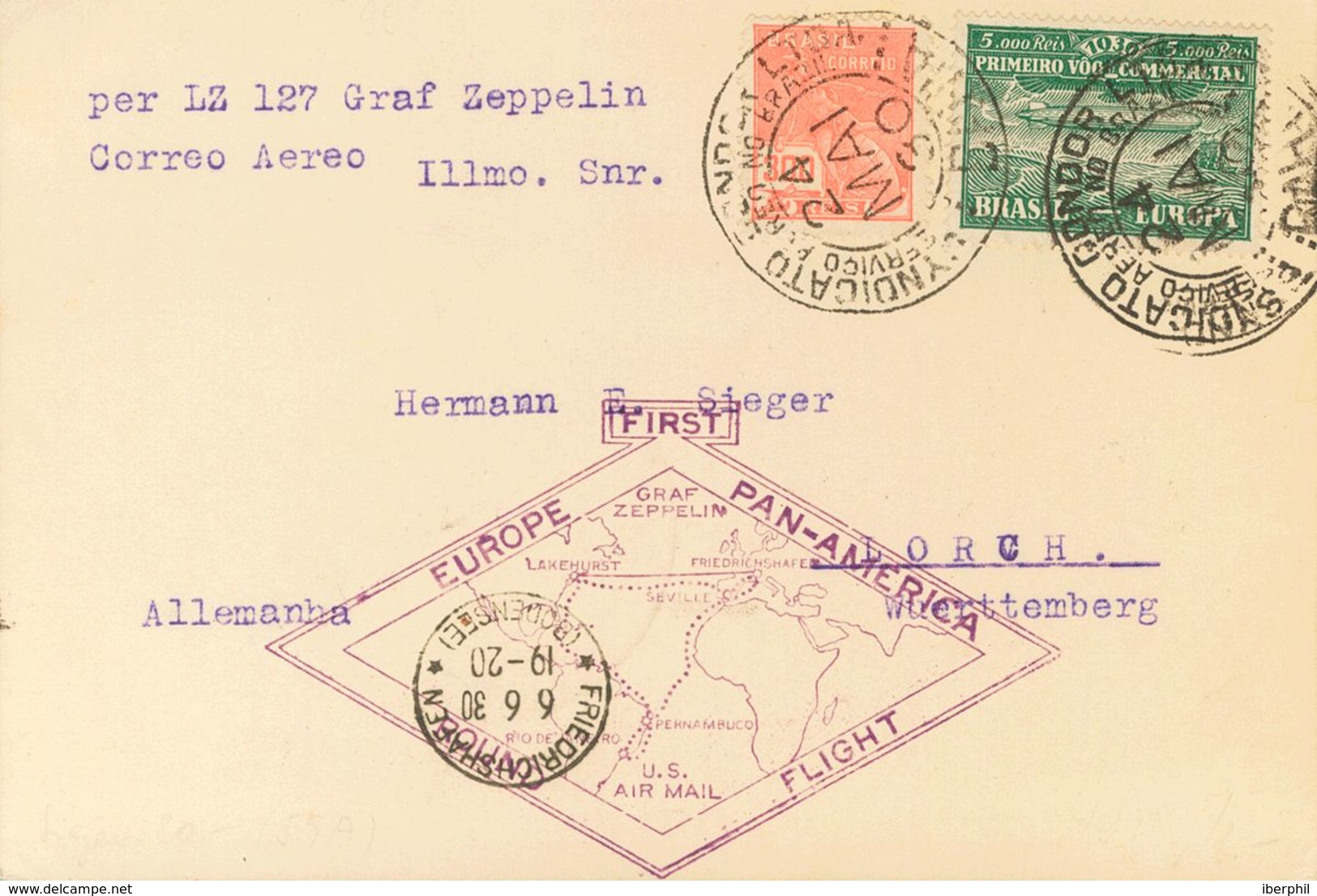 Brazil, Airmail. COVERYv 12. 1930. 5000 Reis Green And 300 Reis Pink. Postcard By Graf Zeppelin From BAHIA To LORCH. Pos - Other & Unclassified