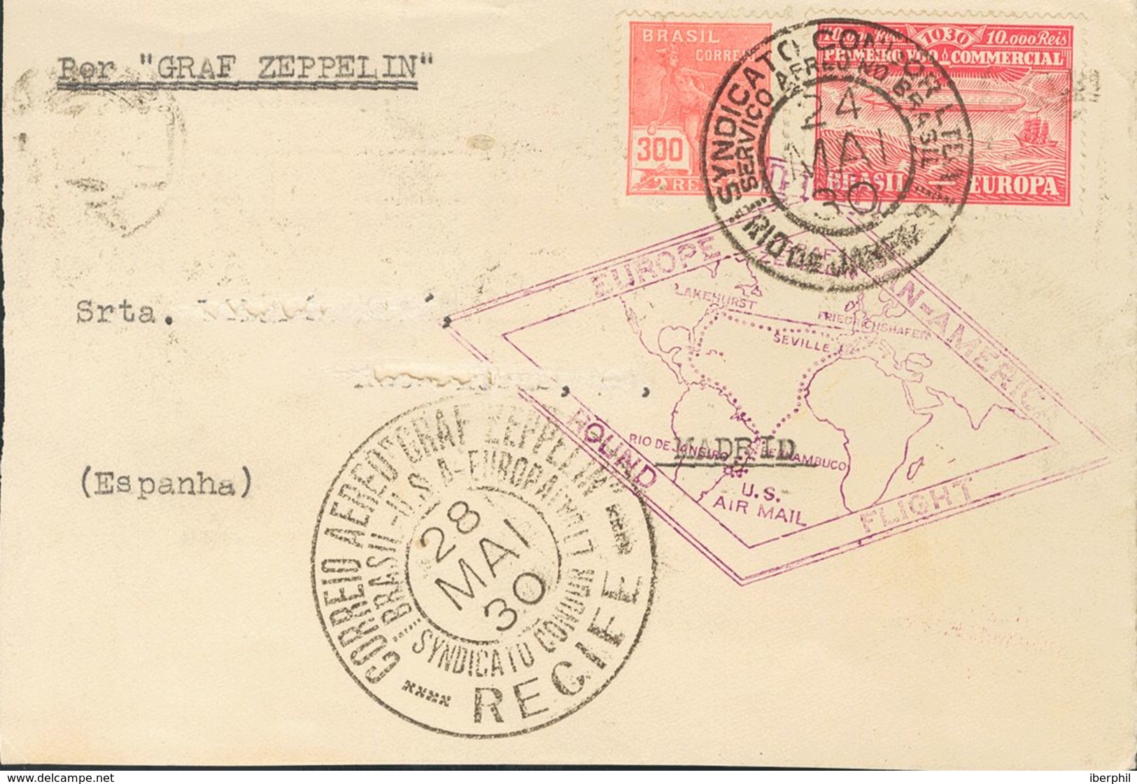 Brazil, Airmail. COVERYv 13. 1930. 10000 Reis Carmine And 300 Reis Pink. Graf Zeppelin From RIO DE JANEIRO To MADRID. Po - Autres & Non Classés