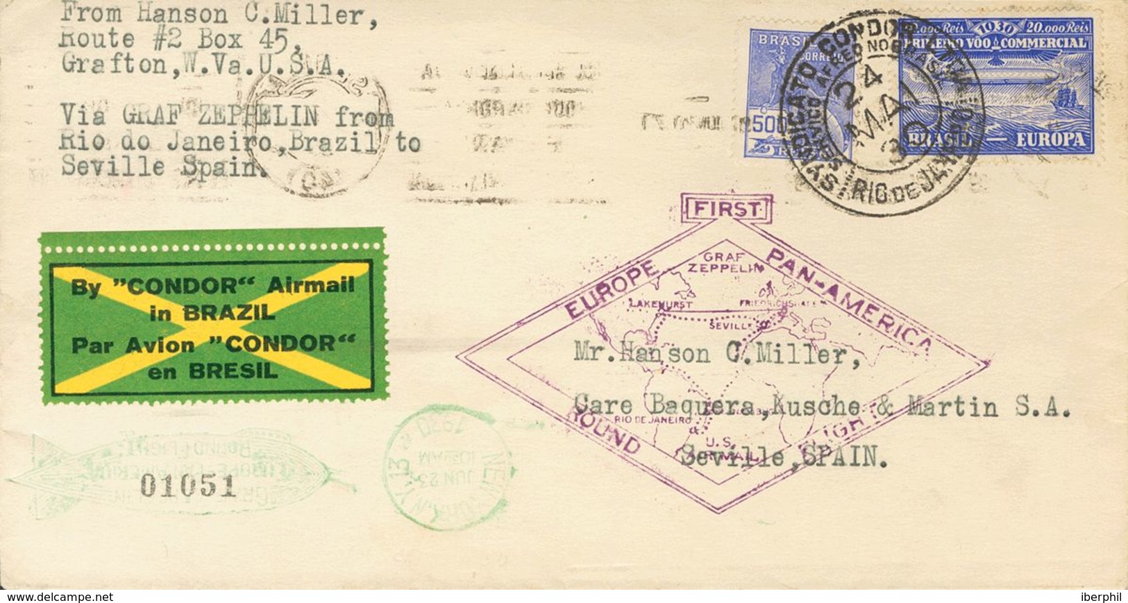 Brazil, Airmail. COVERYv 14. 1930. 20000 Reis Ultramarine And 500 Reis Ultramarine. Graf Zeppelin From RIO DE JANEIRO To - Autres & Non Classés