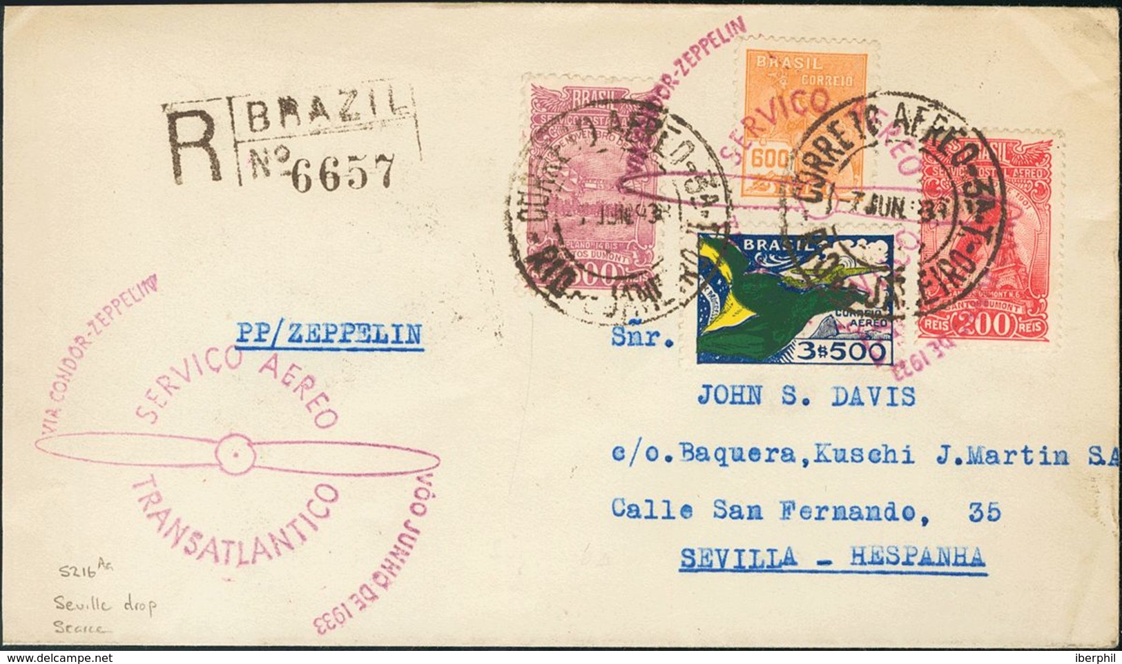 Brazil, Airmail. COVERYv 18, 20, 31. 1933. 200 Reis Carmine, 500 Reis Purple And 3500 Reis. Graf Zeppelin From RIO DE JA - Otros & Sin Clasificación