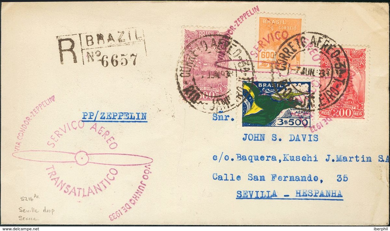 Brazil, Airmail. COVERYv 18, 20, 31. 1933. 200 Reis Carmine, 500 Reis Purple And 3500 Reis. Graf Zeppelin From RIO DE JA - Autres & Non Classés