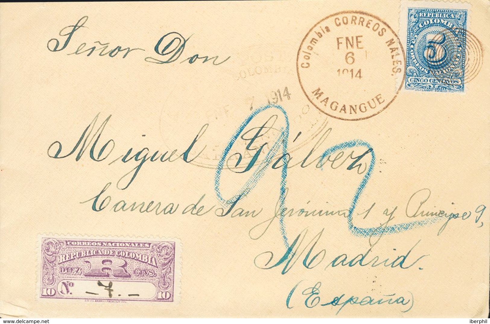 Colombia. SOBREYv 188. 1914. 5 Ctvos Azul Y 10 Ctvos Violeta De Cartas Certificadas. Certificado De MAGANGUE A MADRID. A - Colombia