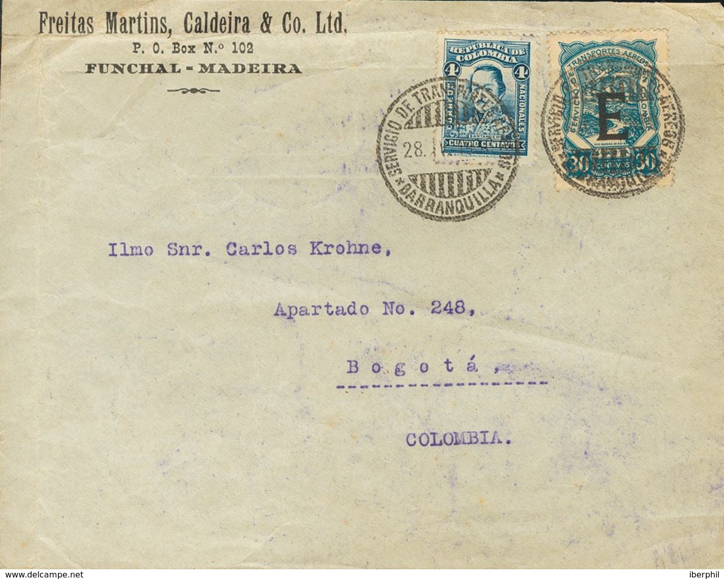 Colombia, Airmail. COVERYv 47. 1930. 30 Ctvos Blue And 4 Ctvos Blue. FUNCHAL (PORTUGAL) To BOGOTA (COLOMBIA). Postmark S - Colombia