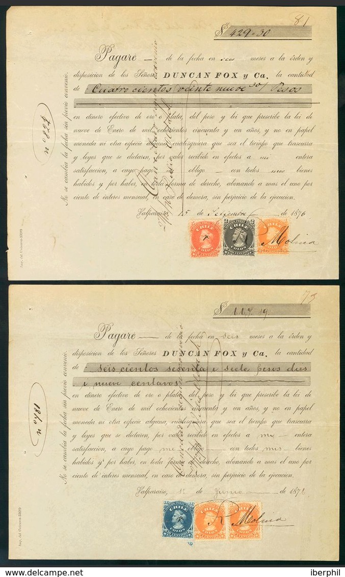 Chile. SOBREYv . 1872. Interesante Conjunto Con Diez Documentos Diversos (Pagarés, Recibos, Papel Sellado, Etc), Franque - Chili