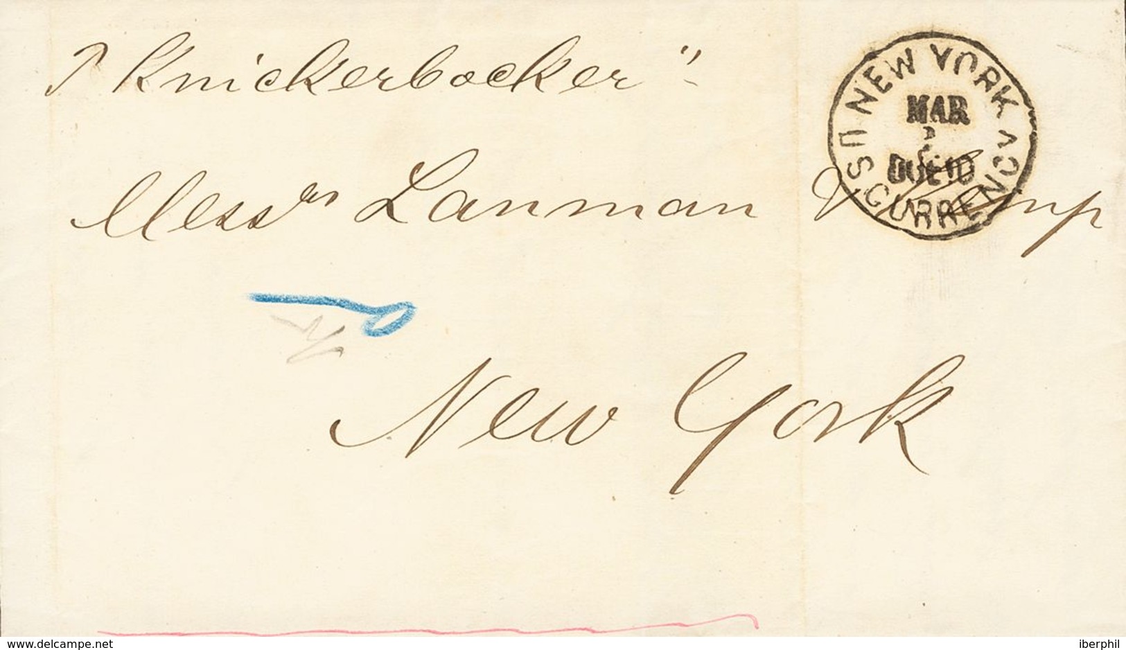 Cuba. COVER. 1875. HAVANA To NEW YORK (U.S.A.). Cds NEW YORK / DUE 10 / U.S. CURRENCY And Handwritten Name Of The Steamb - Other & Unclassified