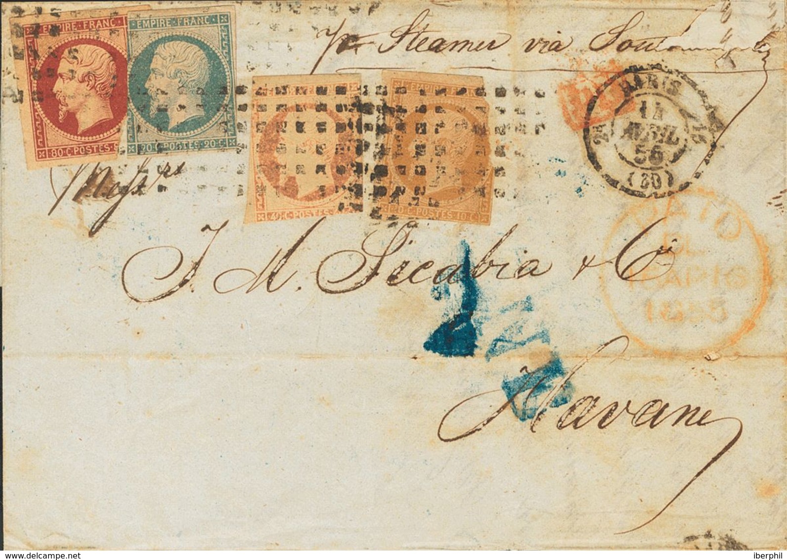 Cuba. COVERYv . 1855. 10 Cts Bistre, 20 Cts Blue, 40 Cts Orange And 80 Cts Carmine (short Margins). PARIS To HAVANA. Pos - Autres & Non Classés