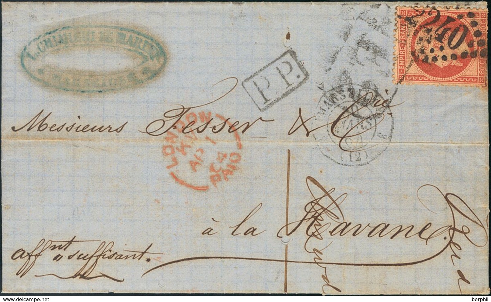 Cuba. COVERYv 32. 1864. 80 Cts Pink (Lauré). MARSEILLE To HAVANA (CUBA). Postmark LOZENGE OF LARGE NUMBERS "2240" And Ma - Autres & Non Classés