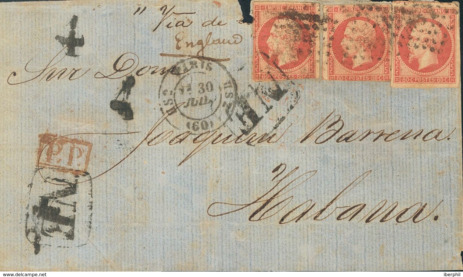 Cuba, French Post Office. COVER17B(3). (1865ca). 80 Cts Carmine FRANCE, Three Stamps (two With Small Defects). Cover Fro - Otros & Sin Clasificación