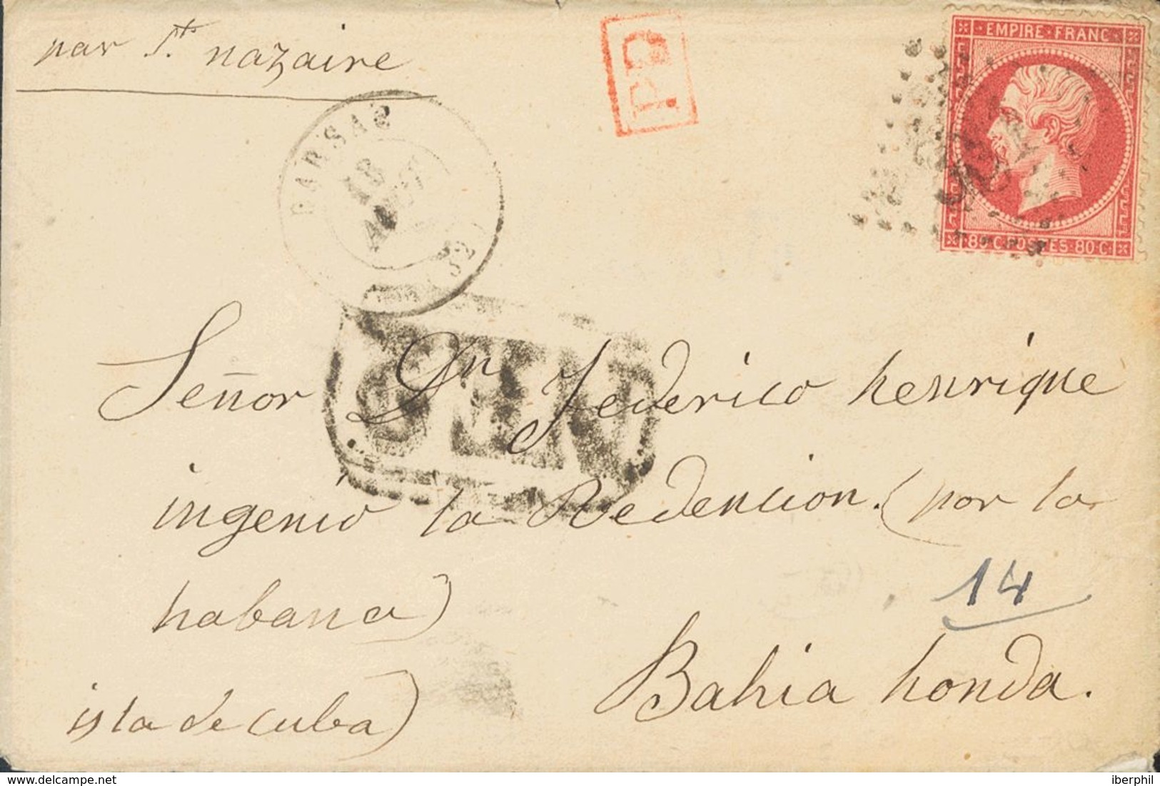 Cuba. COVERYv 24. 1866. 80 Cts Pink. BARSAC To BAHIA HONDA (CUBA). Postmark LOZENGE OF LARGE NUMBERS "331" And On The Fr - Autres & Non Classés