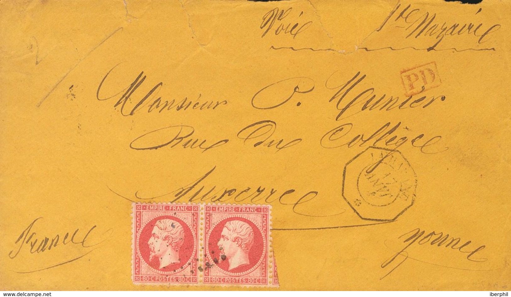 Cuba, French Post Office. COVERYv Francia 24(2). 1867. 80 Cts Pink Of France, Couple. HAVANA To AUXERRE (FRANCE). On The - Other & Unclassified