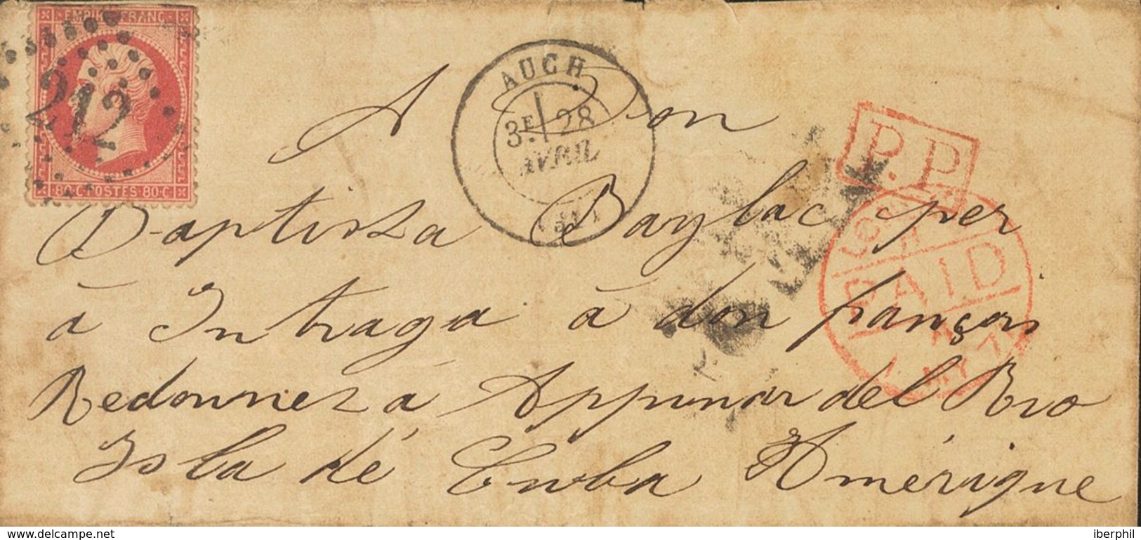 Cuba. COVERYv 24. 1871. 80 Cts Pink. AUCH To PINAR DEL RIO (CUBA). Postmark LOZENGE OF LARGE NUMBERS "212" And On The Fr - Autres & Non Classés